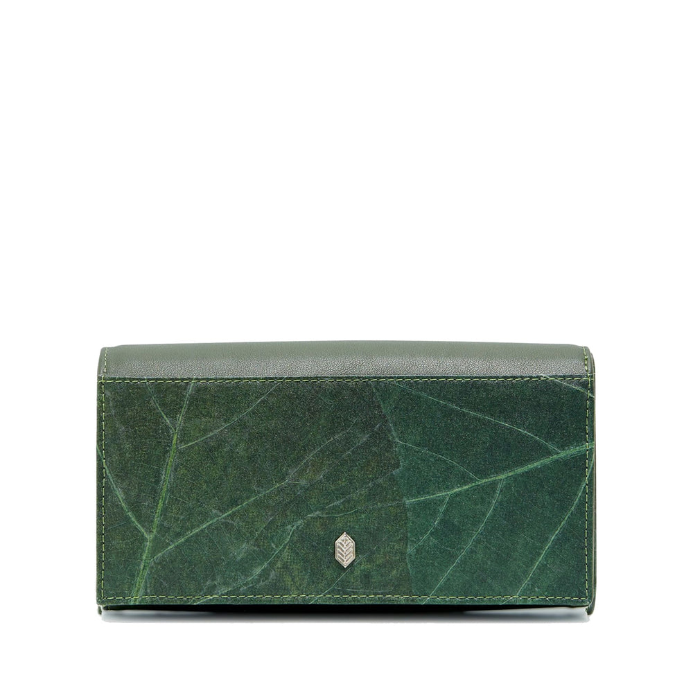 Emerald green leaf leather wallet with veins of leaf grain throughout. The wallet features a rear outer zippered pocket as well as traditional card and ID sleeves with another zippered compartment on the interior. This wallet features chrome hardware and hand stitching throughout.